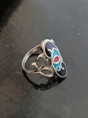 Vintage Sterling Silver Turquoise Coral Onyx Filigree Ring